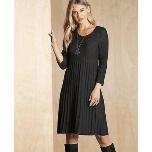 eileen fisher pleated wool dress Eileen Fisher Black Pleated Ribbed 100% Italian Wool Knit Dress P/P